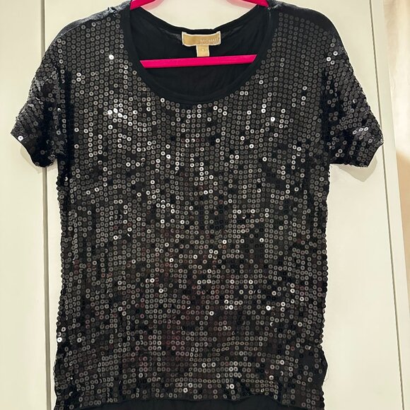 Michael Kors Shirt Black Sequin Front Round Neck Short Sleeve 100% Rayon Size-S - Picture 2 of 6